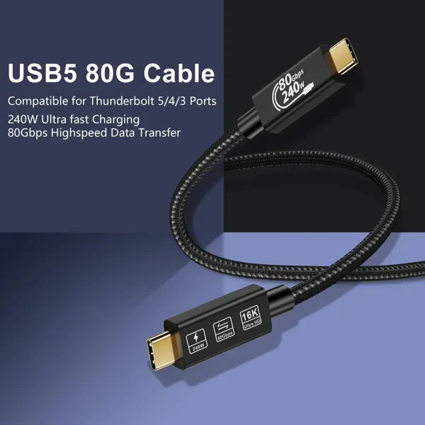 USB5 Cable with Thunderbolt 5 Cable 240 W Charging Cable 80 Gbps Data Cable 2