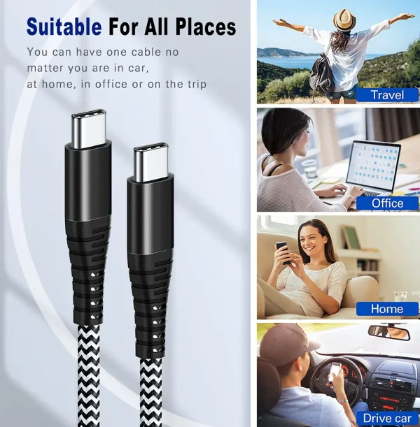 USB C to C Black aluminum shell Black and white wavy braided cable - Image 3